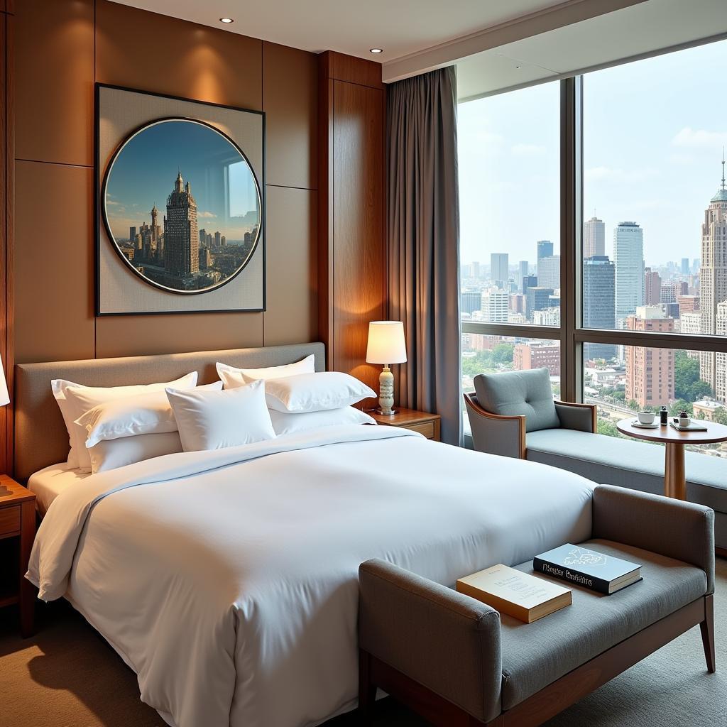 Hotel Room with Personalized Amenities and a Stunning City View