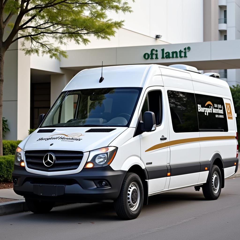 A hotel shuttle van parked in front of Highland Hospital