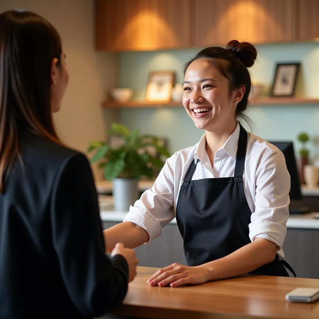 Hotel staff member warmly greeting a guest with a smile