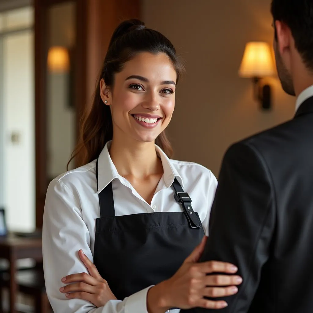 Hotel staff member warmly greeting a guest with a sincere smile