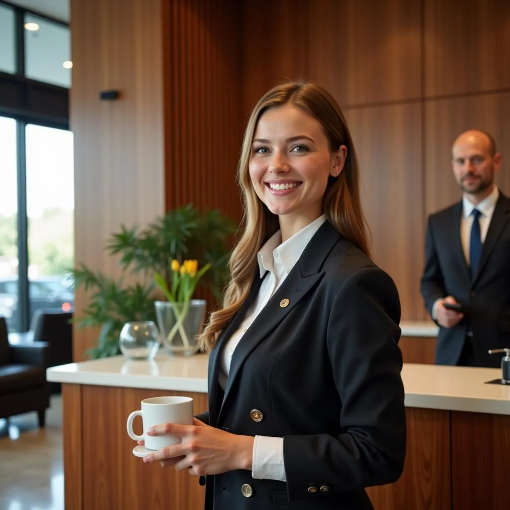 Hotel staff member smiling and assisting guests at the reception desk