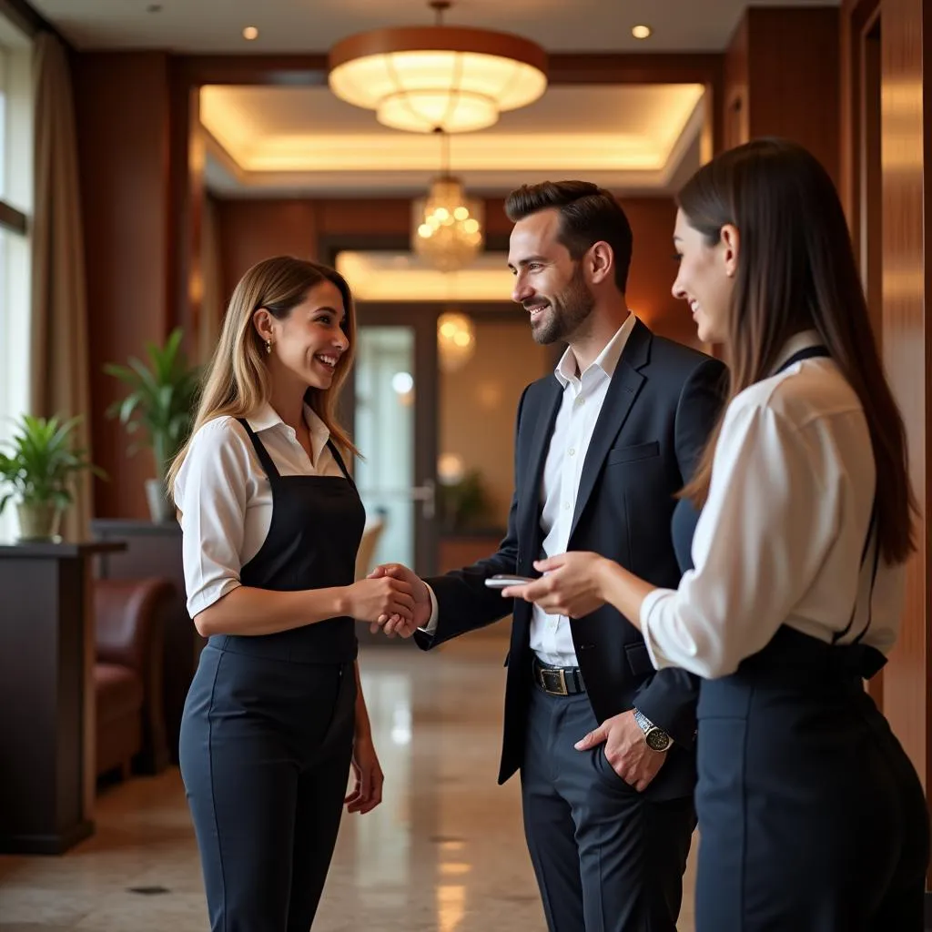 Hotel staff greeting guests with a warm smile