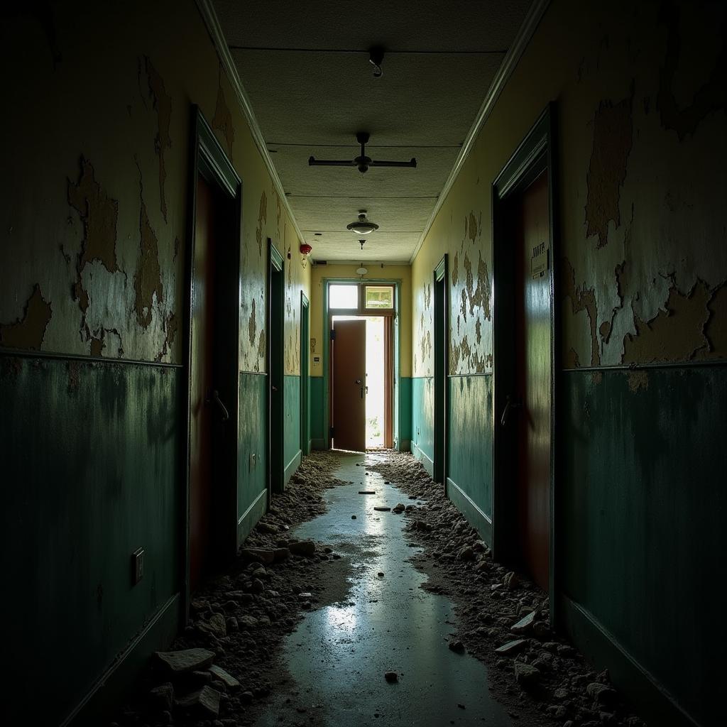 Dark and decaying hospital hallway