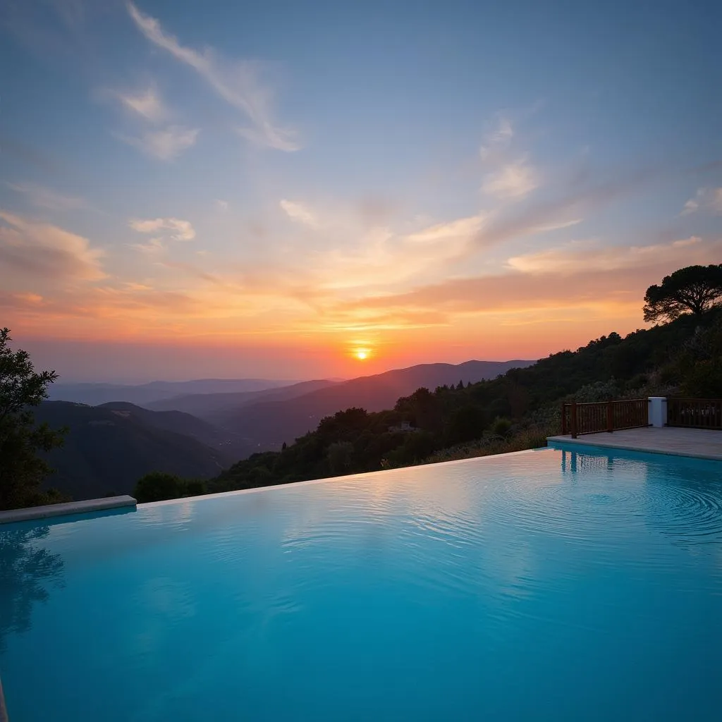 Infinity pool overlooking a stunning hillside sunset