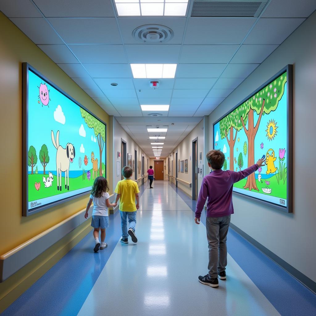 Children interacting with a colorful, interactive wall in a hospital corridor.