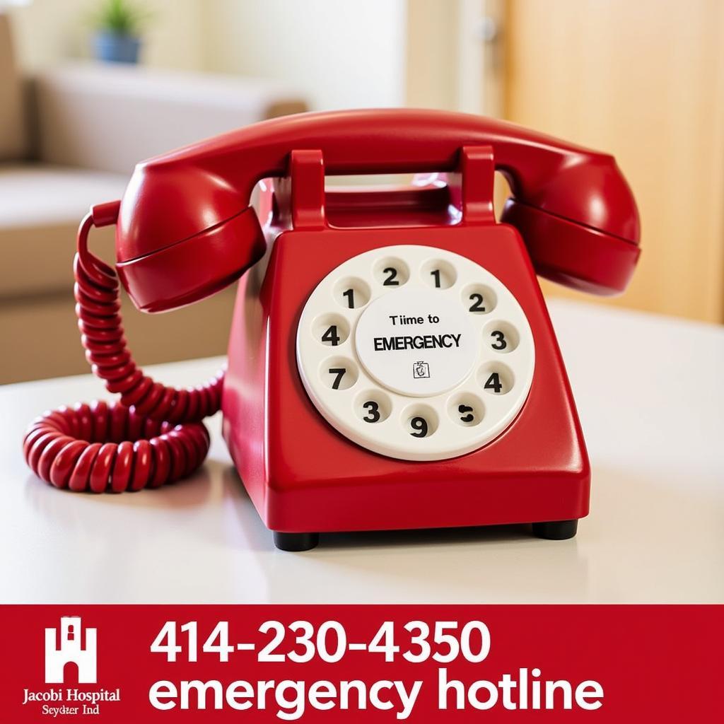 Red phone with a flashing light emphasizing the Jacobi Hospital emergency hotline number.