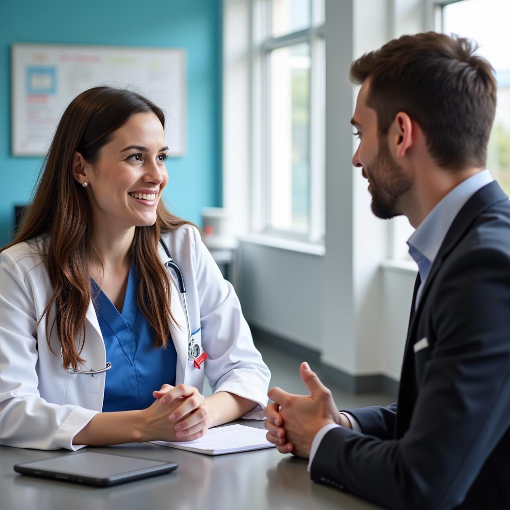 Two people engaged in a job interview at Mercy Hospital