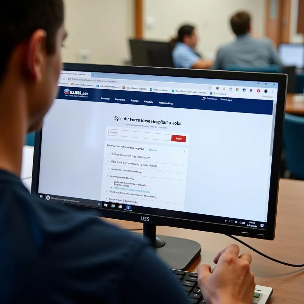 Person searching for Eglin Air Force Base hospital jobs on a computer