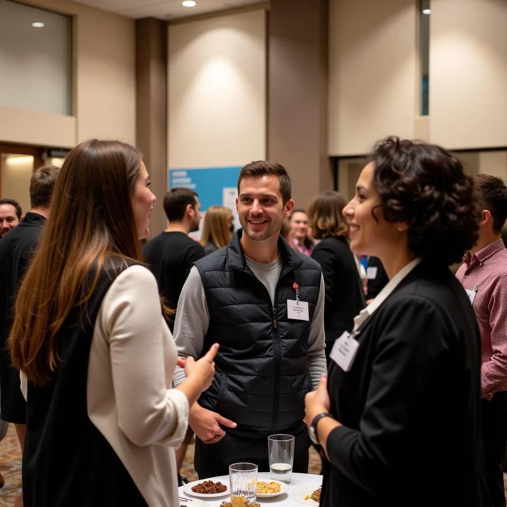 Professionals connecting and exchanging business cards at a hospitality industry event