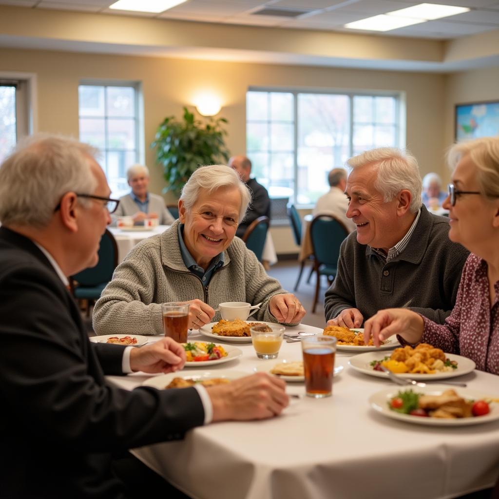  Residents enjoying a meal together in the dining room 