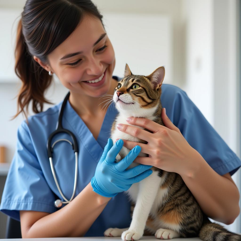 Caring Veterinarian Comforting a Cat in Exam Room