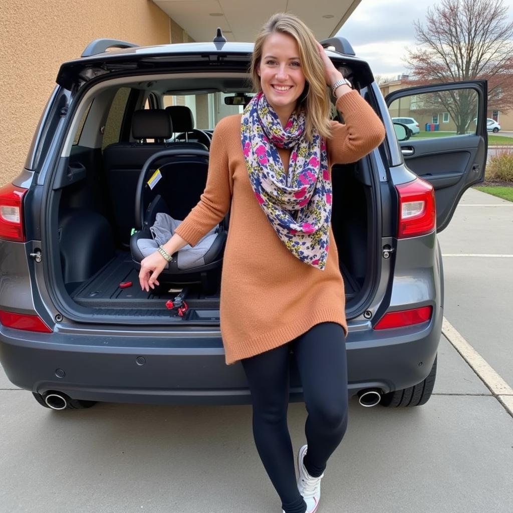 Woman wearing leggings, a tunic sweater, and a scarf, holding a car seat.