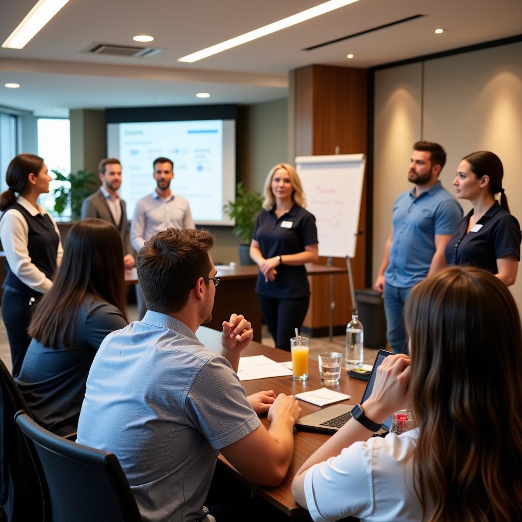 Hotel staff participating in an engaging training session on customer service.