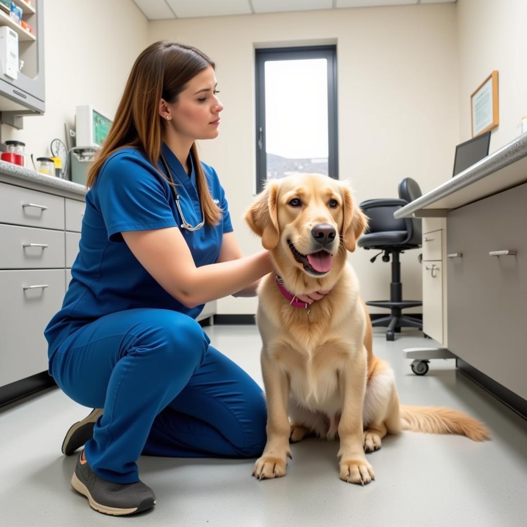 Veterinarian examining a dog in an exam room