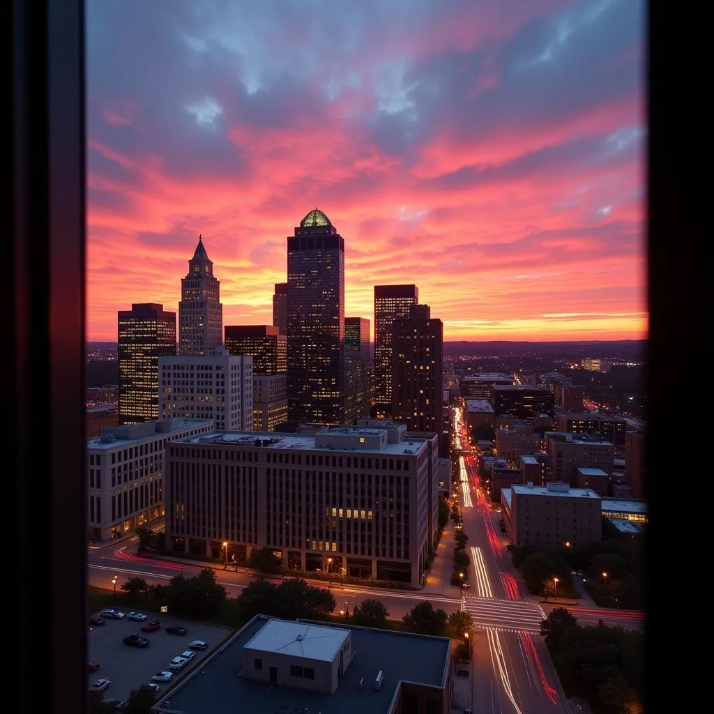 Breathtaking panoramic view of the Louisville skyline at sunset from a hotel room