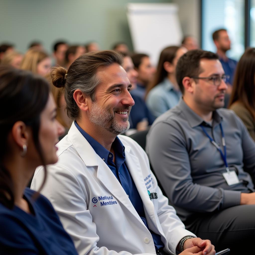 Attendees participating in a Q&A session with a panel of medical professionals.