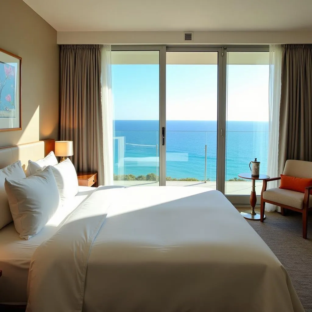 Luxurious hotel room with a balcony offering stunning ocean views