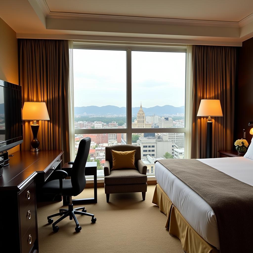 Spacious and bright hotel room with plush bedding and a view of the city