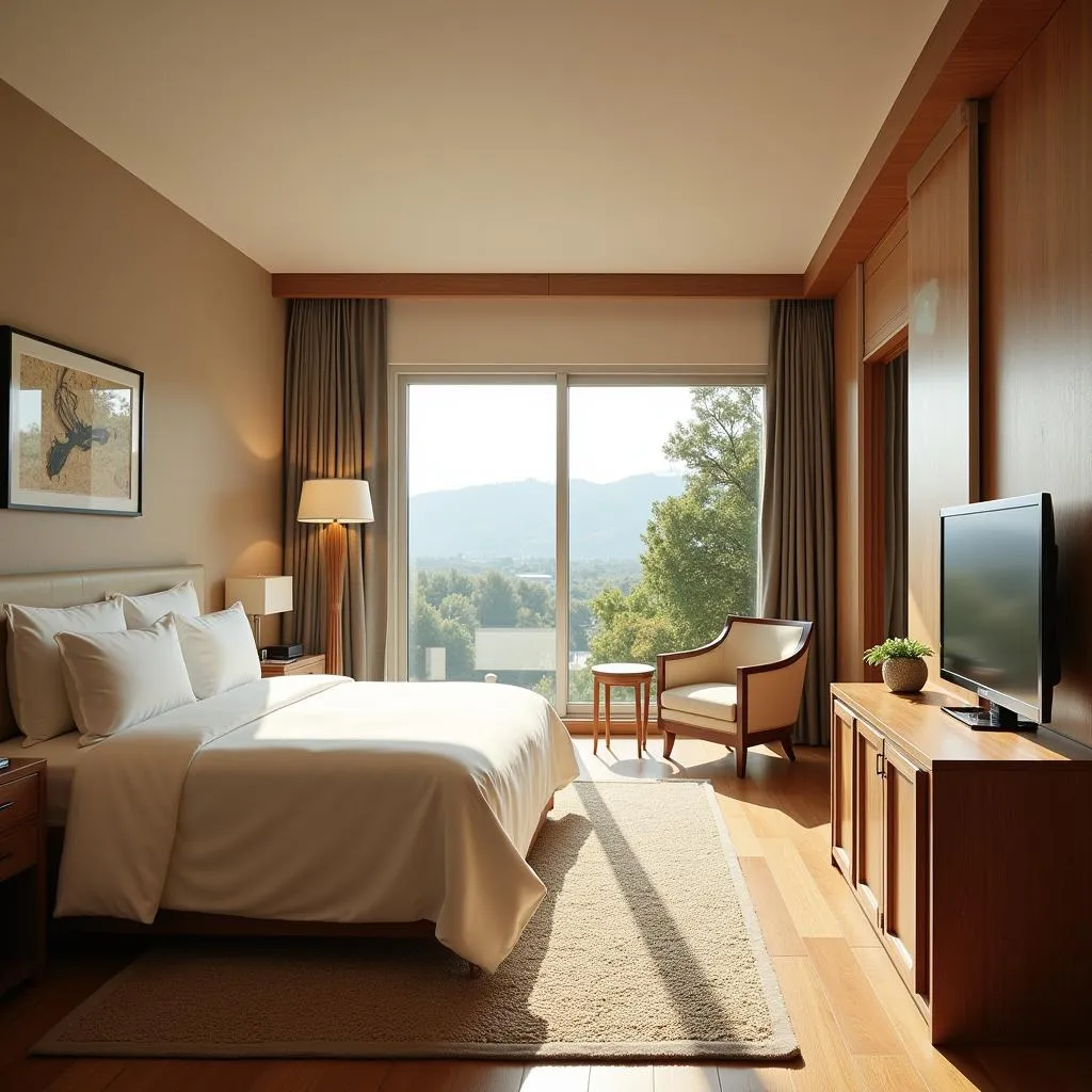 Elegantly designed hotel room featuring sustainable amenities and natural light