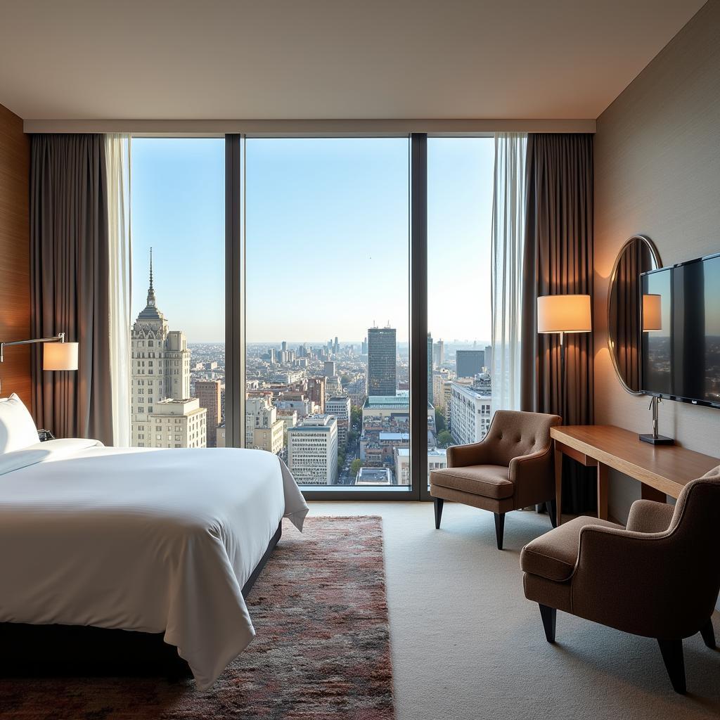 Spacious, modern hotel suite with panoramic city views, designed by J&J Hospitality