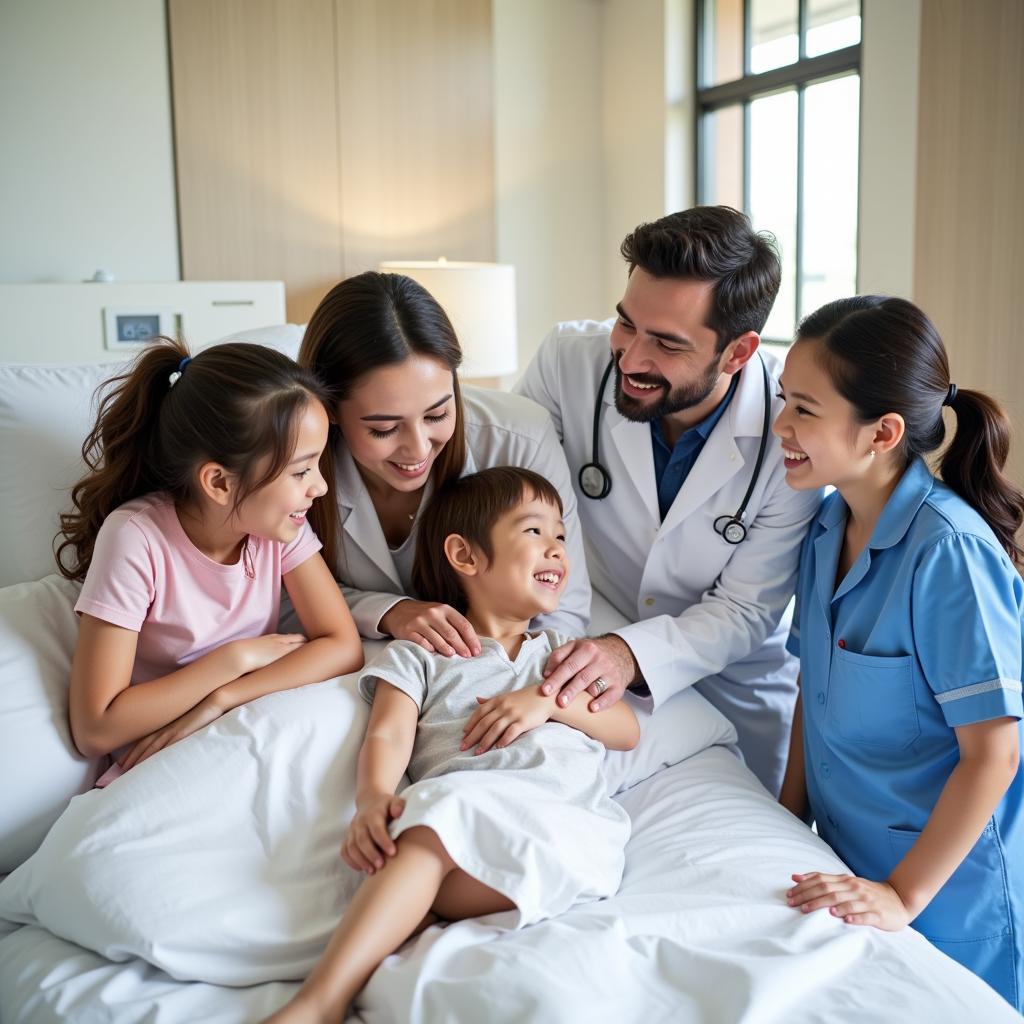 Happy family with medical staff in a Georgia magnet hospital room