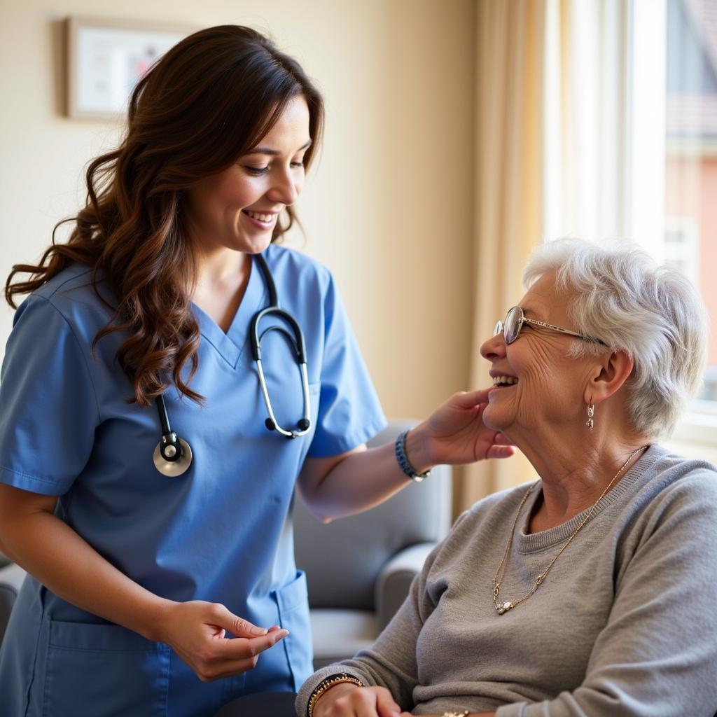 A compassionate caregiver assisting a resident at Mayflower Gardens Convalescent Hospital