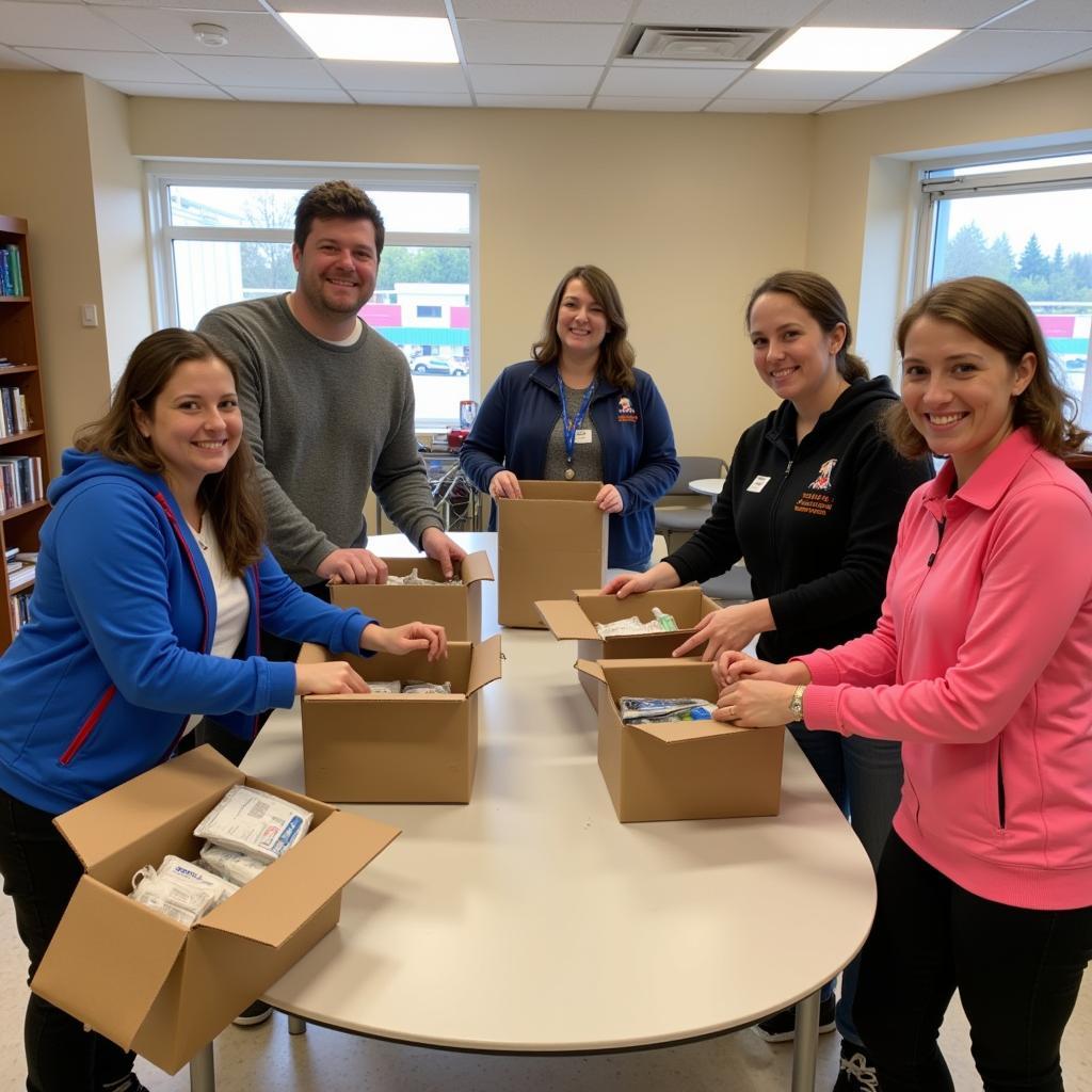 Group of volunteers preparing care packages at McNally Hospitality House