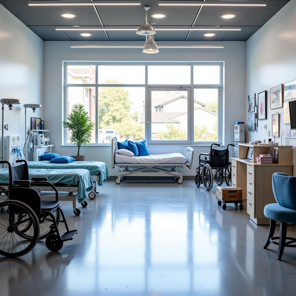 Medical equipment supplier storefront with hospital beds on display