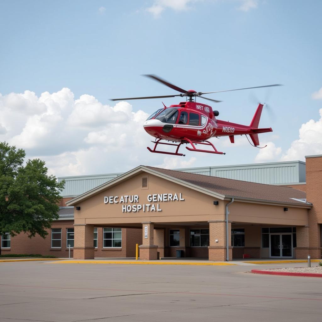 Medical helicopter landing at Decatur General Hospital heliport