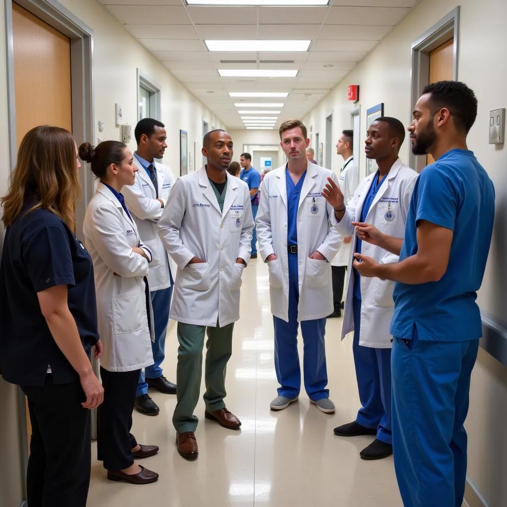 Team of diverse medical professionals collaborating at Eglin Air Force Base Hospital