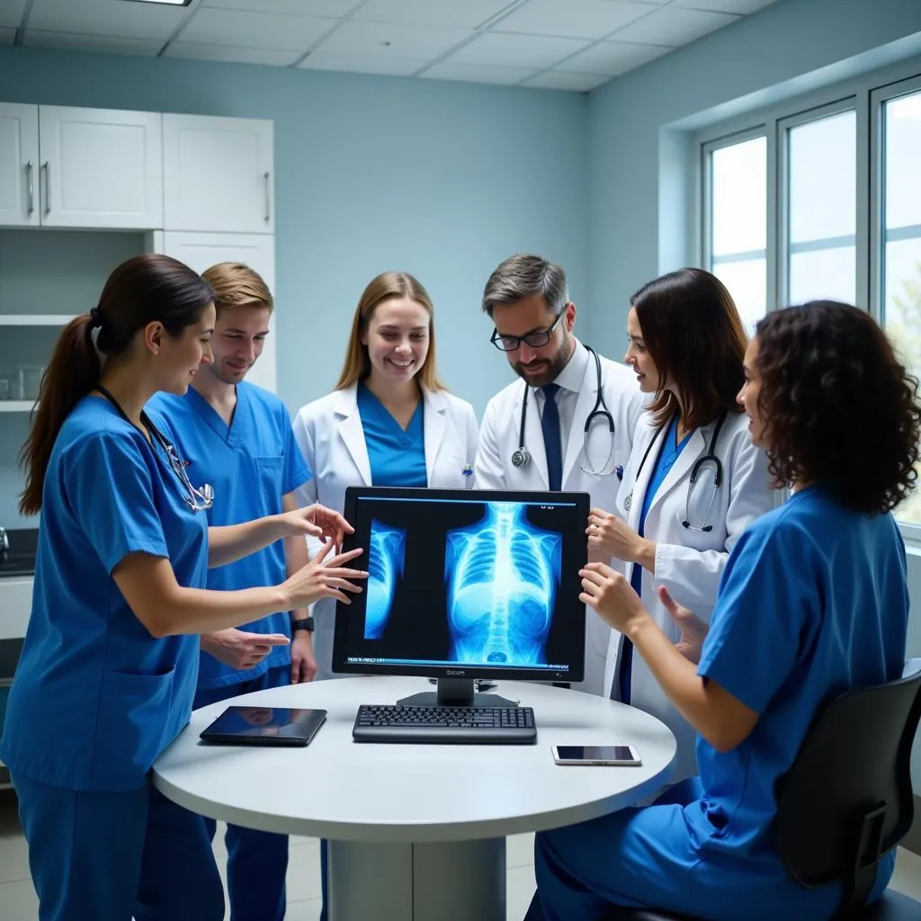 Diverse medical team discussing patient care in a modern hospital room