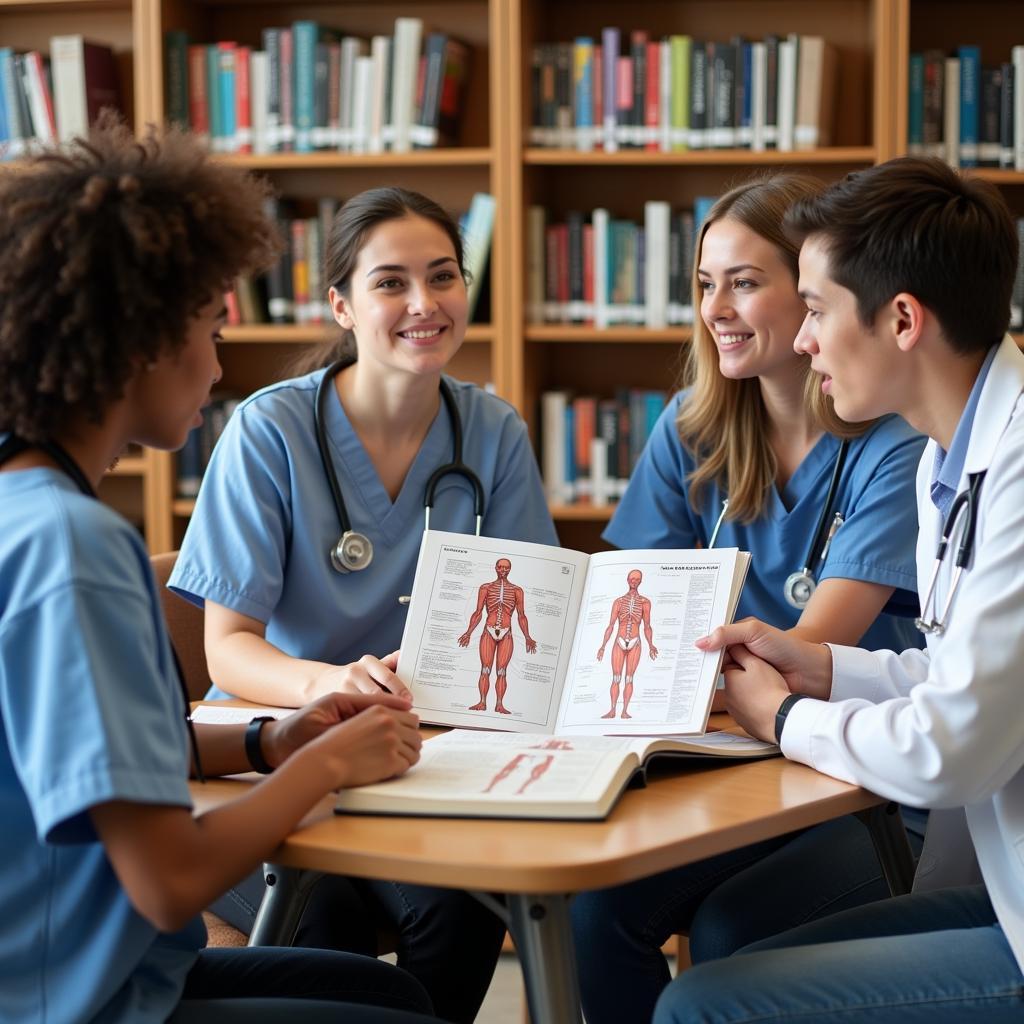 A group of diverse medical students studying together.