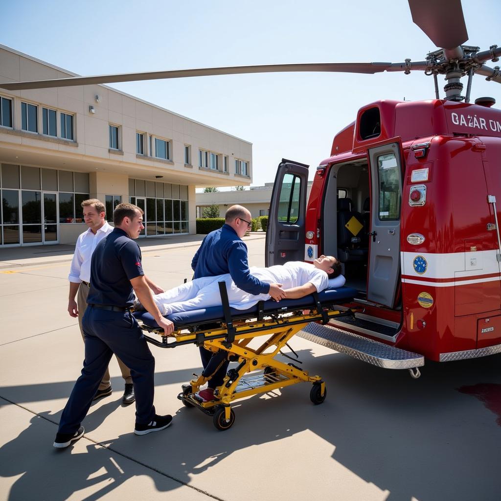 Medical team transferring patient from helicopter to Decatur General Hospital