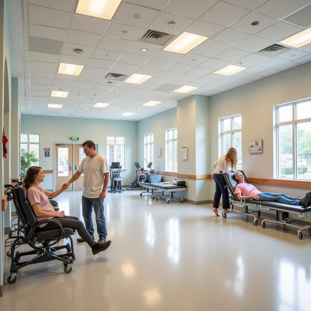 Patients undergoing physical therapy with trained therapists in the well-equipped rehabilitation gym at Memorial Hospital Gulfport.