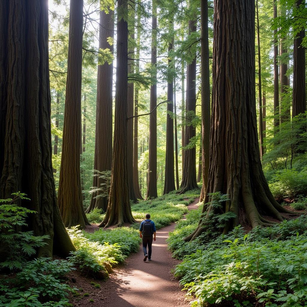 Hiking trail winding through a redwood forest