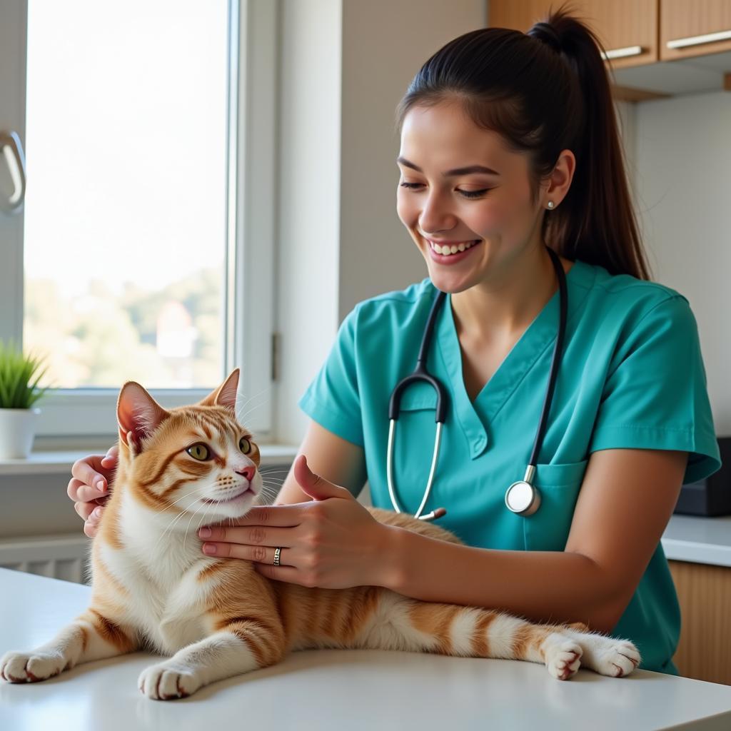 Caring veterinarian comforting a cat during an exam