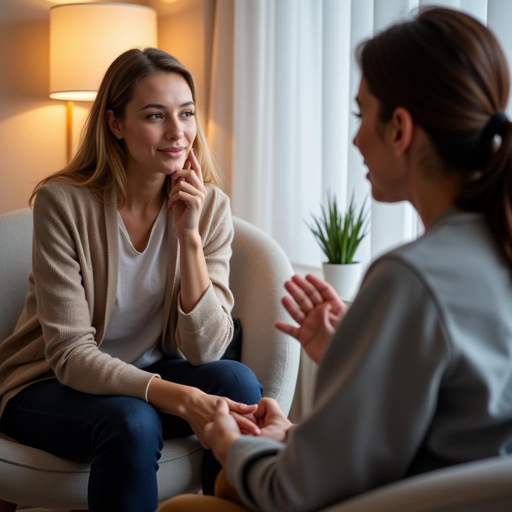 A mental health professional listens attentively to a patient.