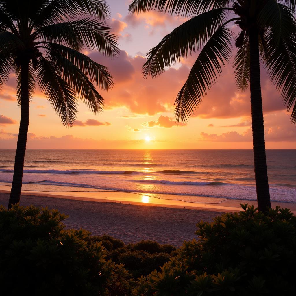 Sunset over Miami Beach with palm trees silhouetted against the colorful sky