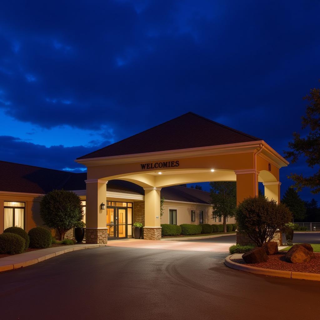 Illuminated hotel exterior at night with welcoming entrance