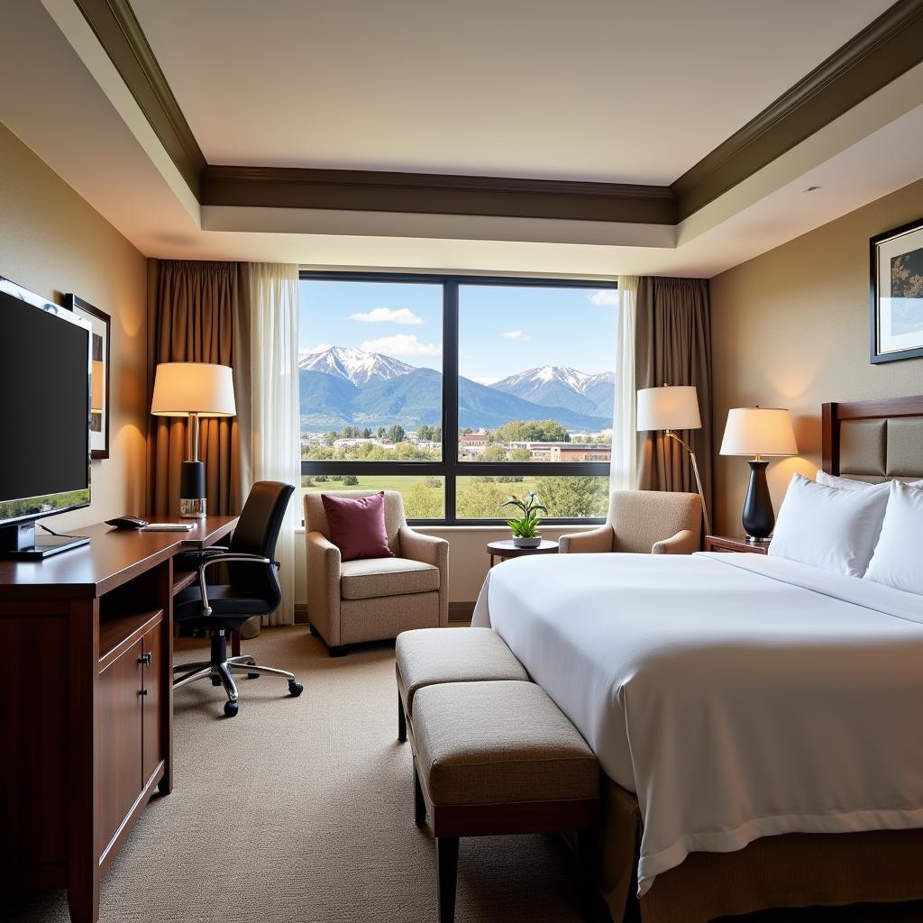 Spacious hotel room with king-size bed and mountain views