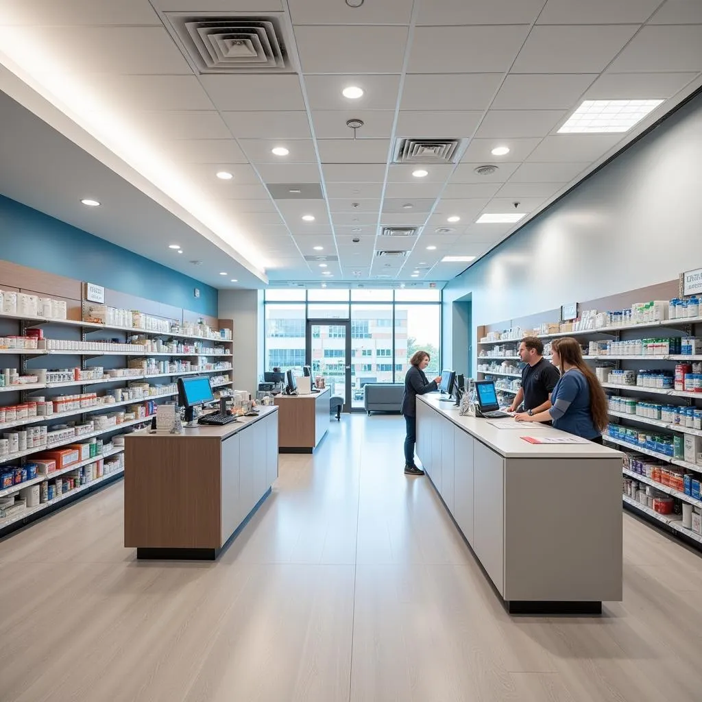 Modern and well-stocked county hospital pharmacy