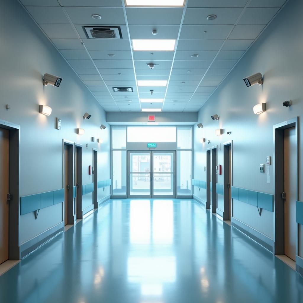 Modern hospital corridor equipped with security cameras