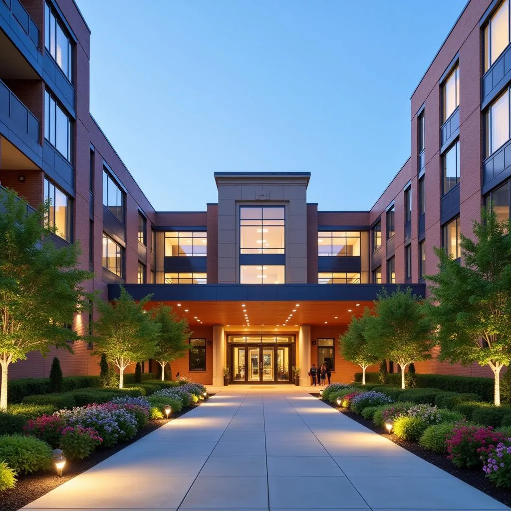 Modern hospital building with beautifully landscaped gardens and a welcoming entrance