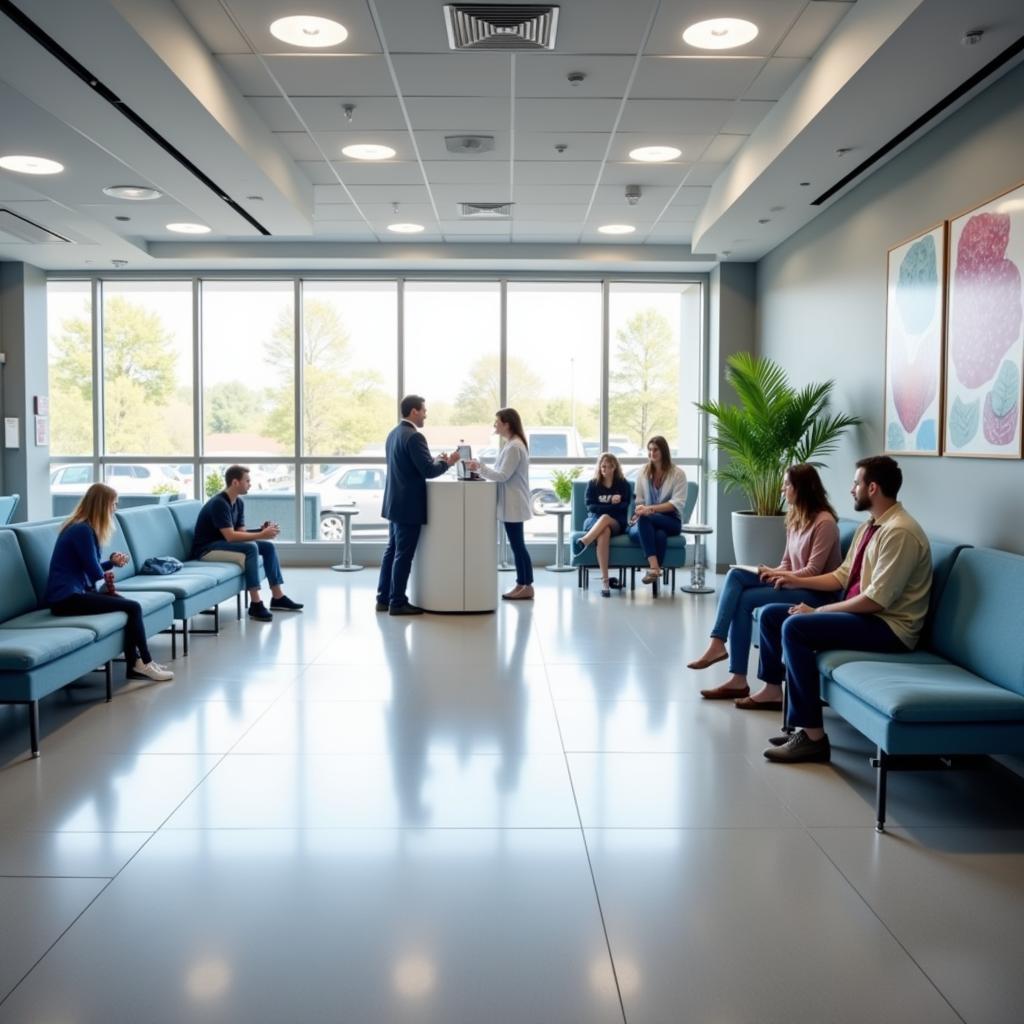  A modern hospital waiting area featuring comfortable seating, natural light, and patients using digital check-in kiosks. 