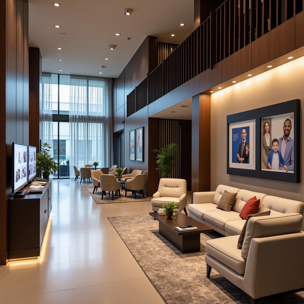 Modern hotel lobby with integrated technology