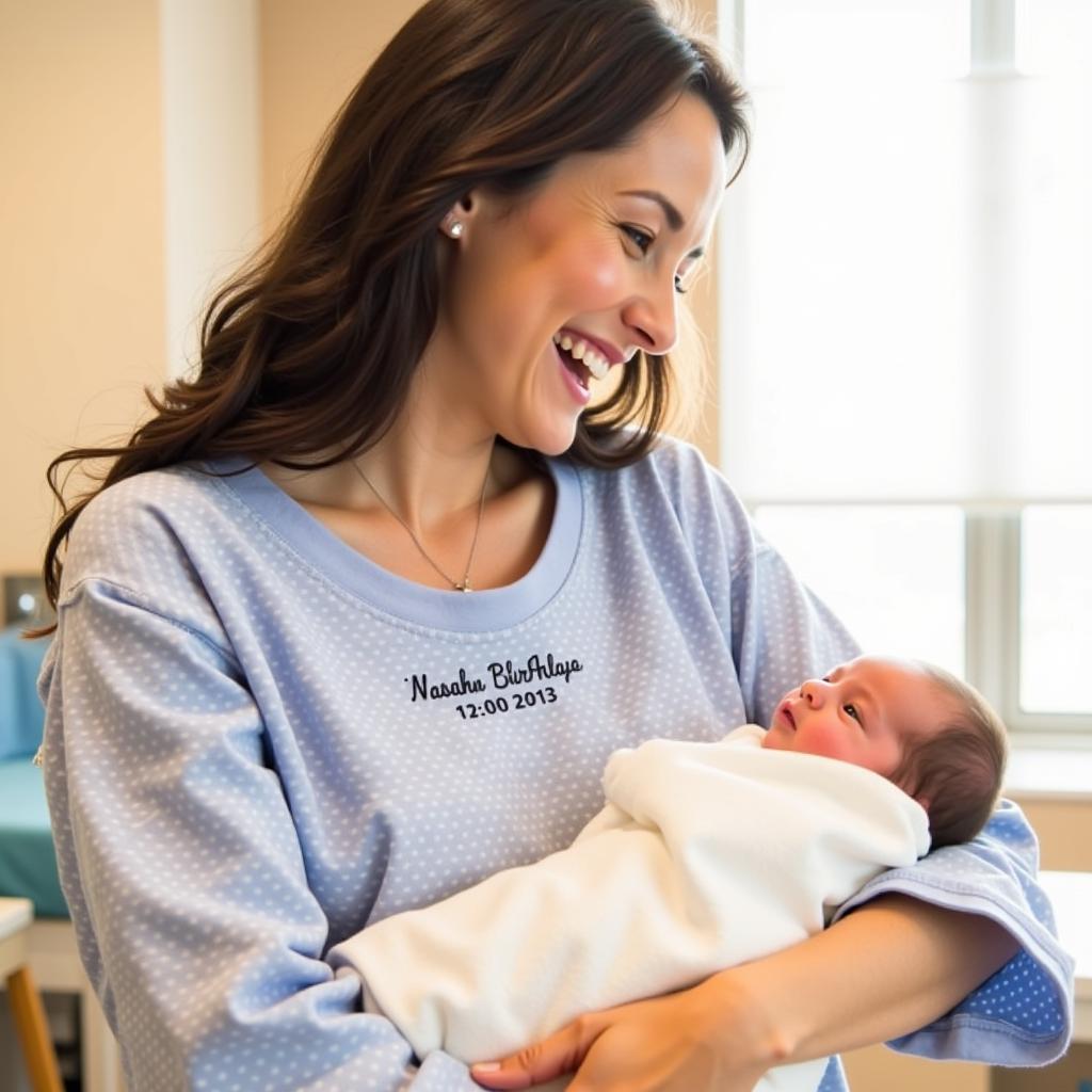 Mom and baby in matching personalized gowns and swaddles.