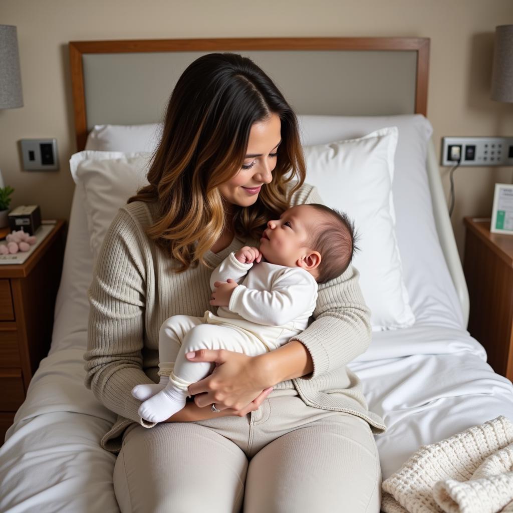 Mom and newborn son posing for photos in matching outfits.