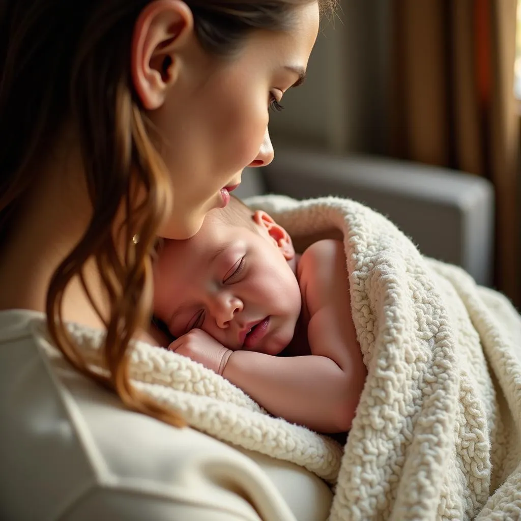 Mother holding her newborn swaddled in a soft blanket