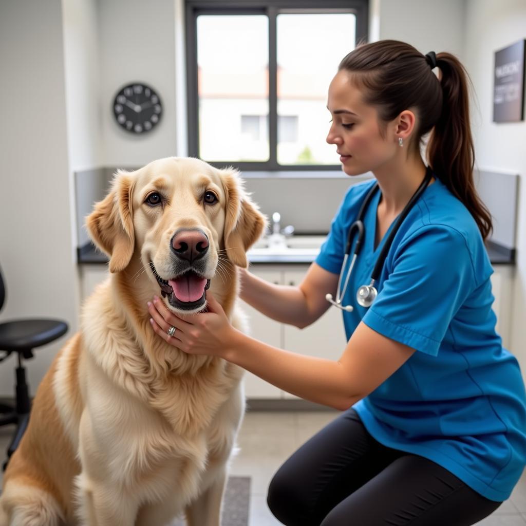 Veterinarian examining a dog in an exam room