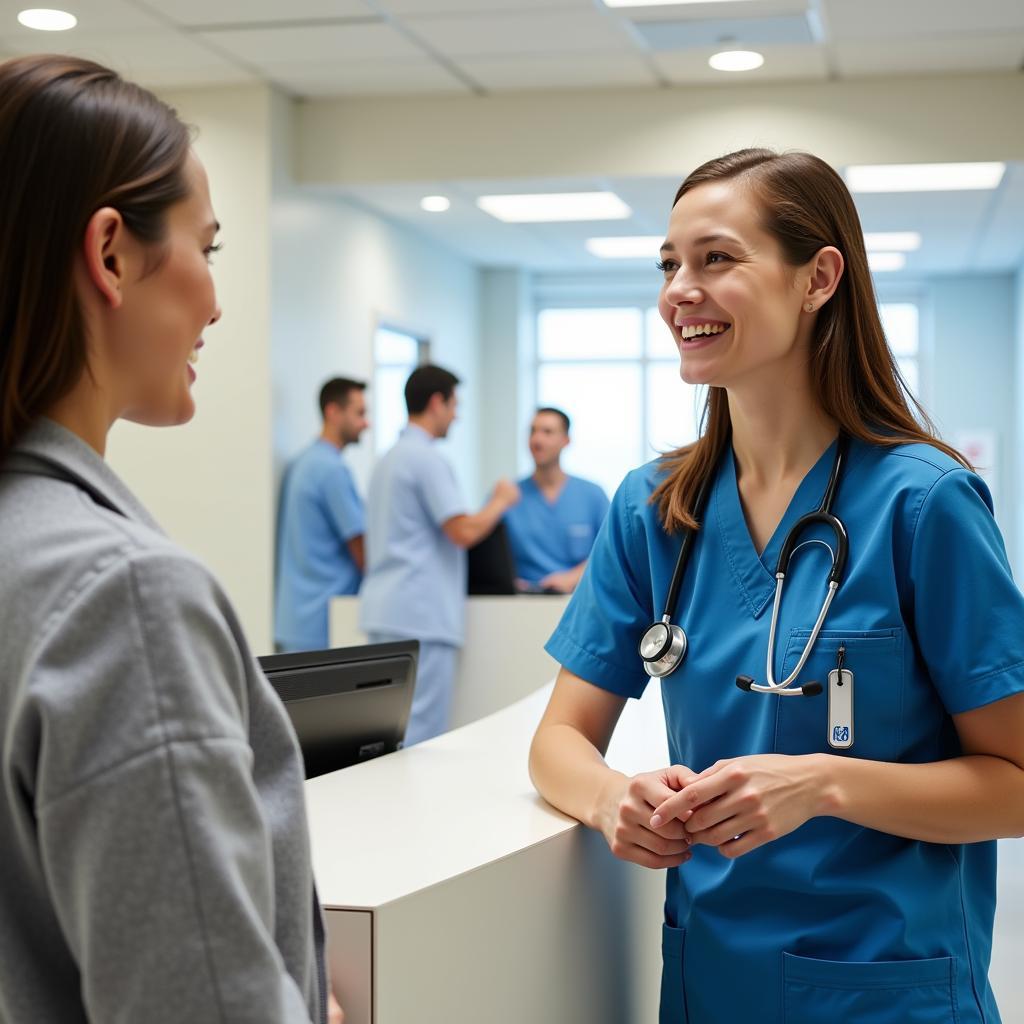 Friendly staff member assisting visitor at hospital information desk.